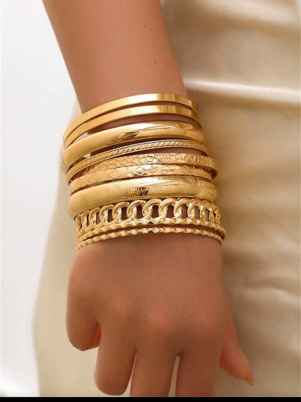 Yellow Gold Multi-Style Bangle Bracelet Set - Women Jewelry